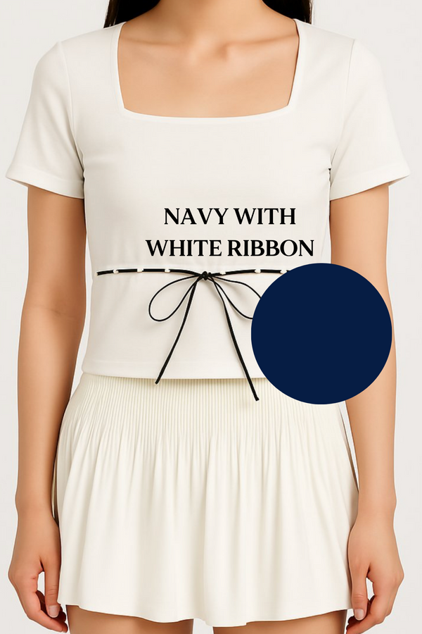 *PO: ETA MID AUG* (BARE/BASIC) Elsa V2 Lace Ribbon Sleeved Top in Navy with White Ribbon