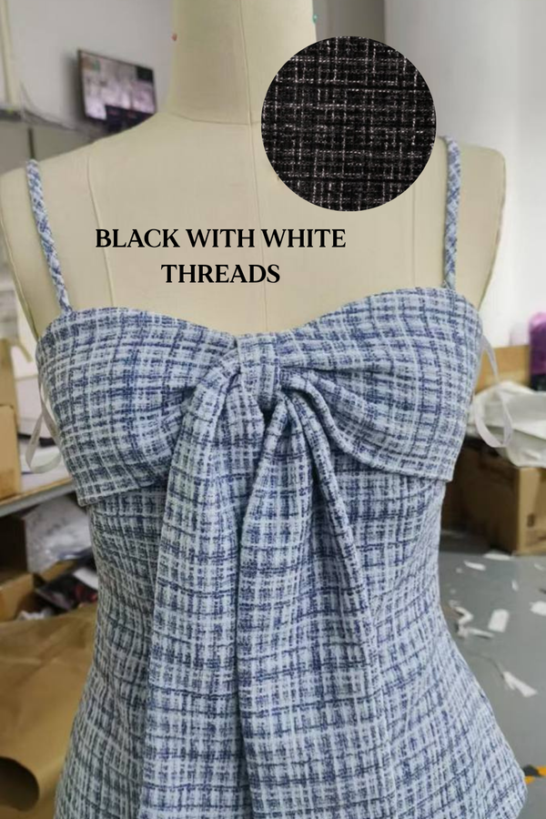 *PO: ETA MID AUG* Maya V2 Suede Tweed Ribbon Long Top in Black with White Threads