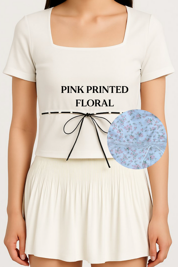 *PO: MID AUG* (BARE/BASIC) (Limited Edition) Elsa V2 Lace Ribbon Sleeved Top in Pink Printed Floral