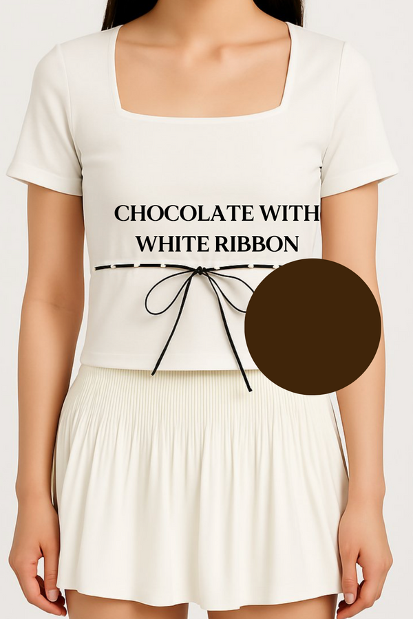 *PO: ETA MID AUG* (BARE/BASIC) Elsa V2 Lace Ribbon Sleeved Top in Chocolate with White Ribbon