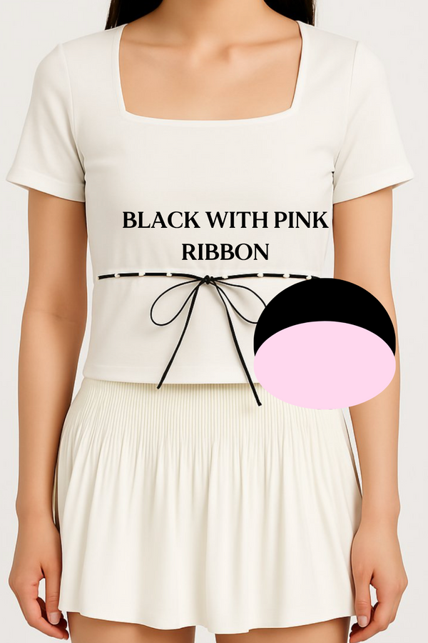 *PO: ETA MID AUG* (BARE/BASIC) Elsa V2 Lace Ribbon Sleeved Top in Black with Pink Ribbon