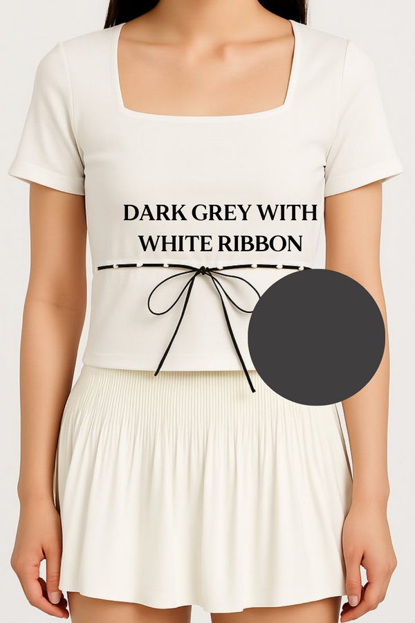 *PO: ETA MID AUG* (BARE/BASIC) Elsa V2 Lace Ribbon Sleeved Top in Dark Grey with White Ribbon