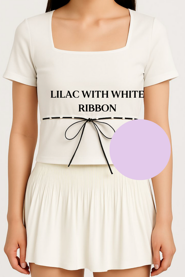 *PO: ETA MID AUG* (BARE/BASIC) Elsa V2 Lace Ribbon Sleeved Top in Lilac with White Ribbon