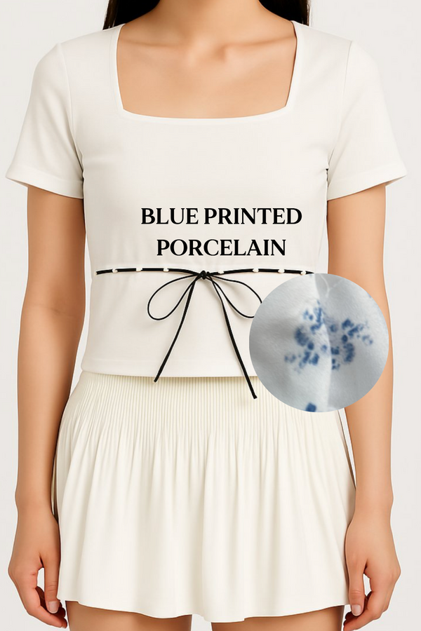 *PO: MID AUG* (BARE/BASIC) (Limited Edition) Elsa V2 Lace Ribbon Sleeved Top in Blue Printed Porcelain