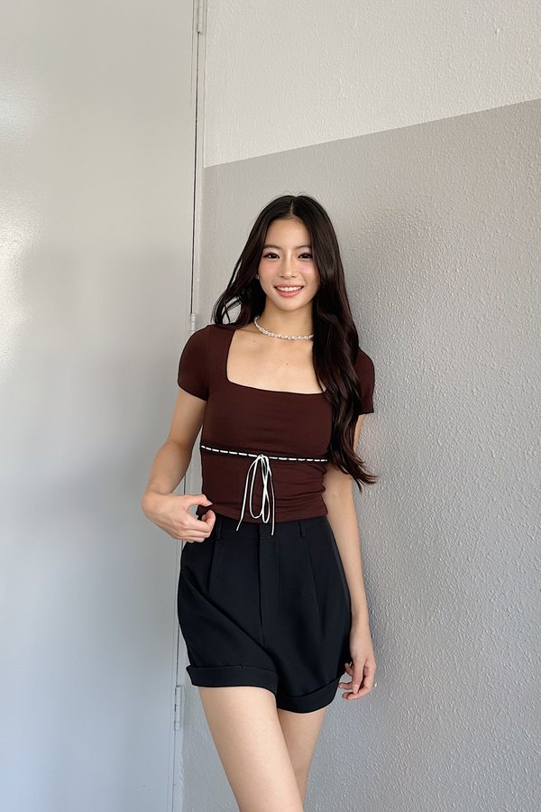 *PO: ETA MID AUG* (BARE/BASIC) Elsa V2 Lace Ribbon Sleeved Top in Chocolate with White Ribbon