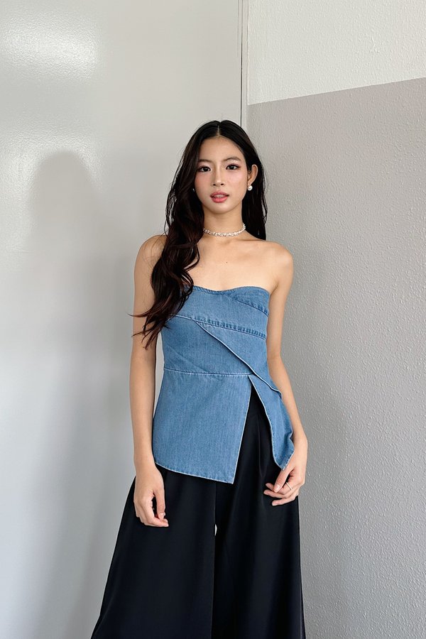Imelda Padded Side Slit Peplum Top in Dark Wash