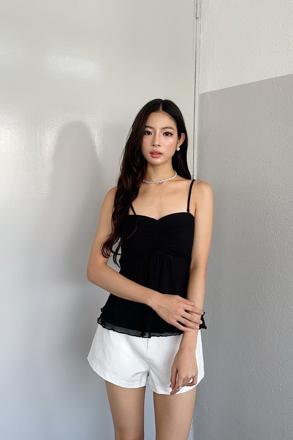 Celeste Front Ruched Mesh Top in Black
