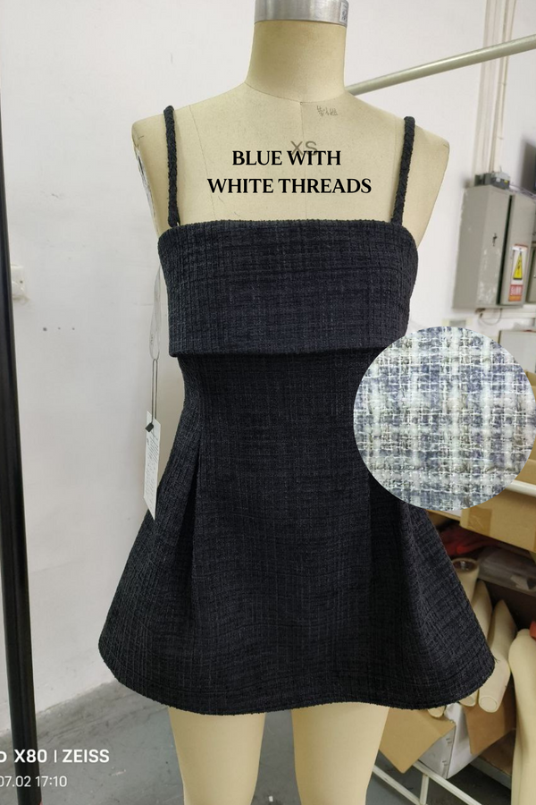 *PO: MID AUG* Cataleya Overlap Long Line Suede Tweed Top in Blue with White Threads