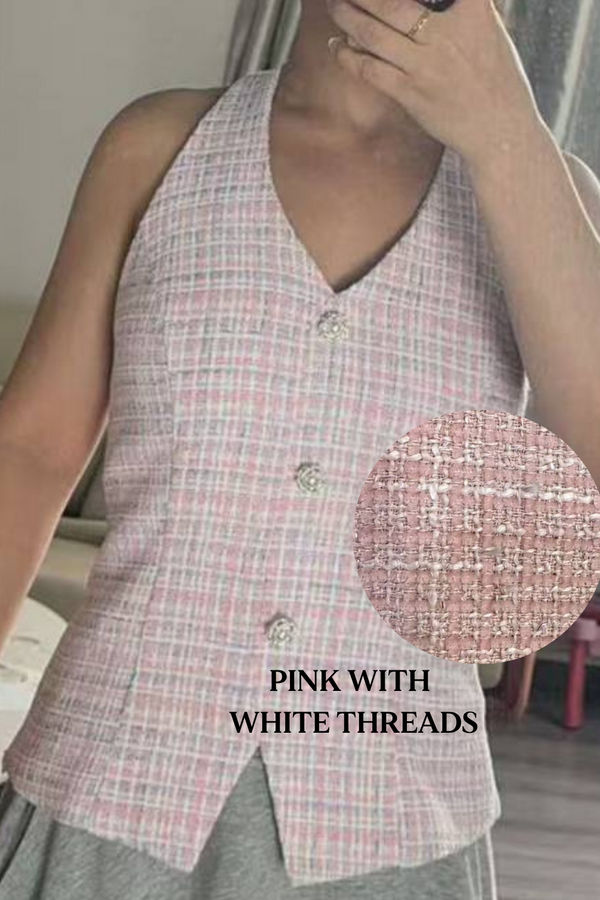 *PO: ETA MID AUG* Ava V3 Suede Tweed V-Neck Pearl Button Vest Top in Pink with White Threads