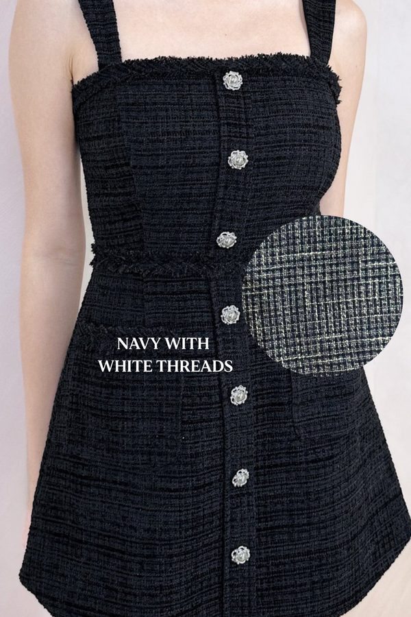 *PO: ETA MID AUG* Gemmy Suede Tweed Camellia Pearl Button Dress Romper in Navy with White Threads