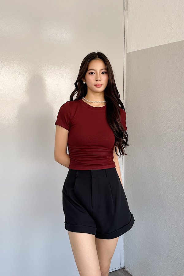 *PO: ETA MID AUG* (BARE/BASIC) Elena Side Ruched Sleeved Top in Deep Maroon