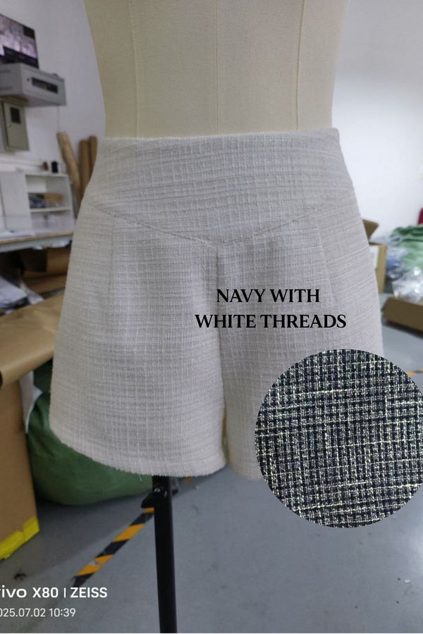 *PO: MID AUG* Cataleya V Waist Suede Tweed Shorts in Navy with White Threads