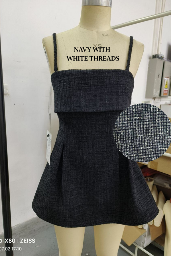 *PO: ETA MID AUG* Cataleya Overlap Long Line Suede Tweed Top in Navy with White Threads