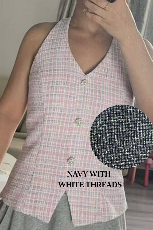 *PO: MID AUG* Ava V3 Suede Tweed V-Neck Pearl Button Vest Top in Navy with White Threads