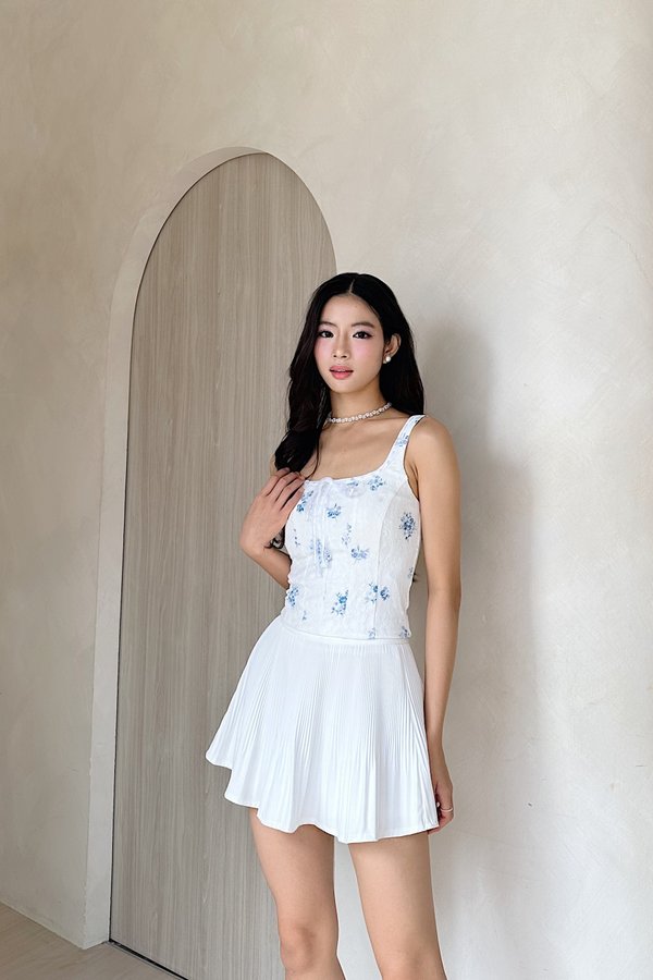 Silvy Front Ribbon Top in Blue Printed Lace