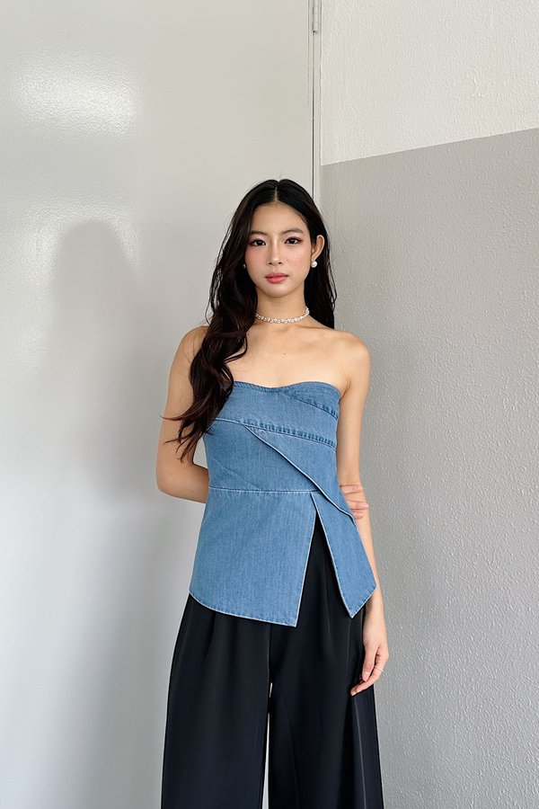 Imelda Padded Side Slit Peplum Top in Dark Wash