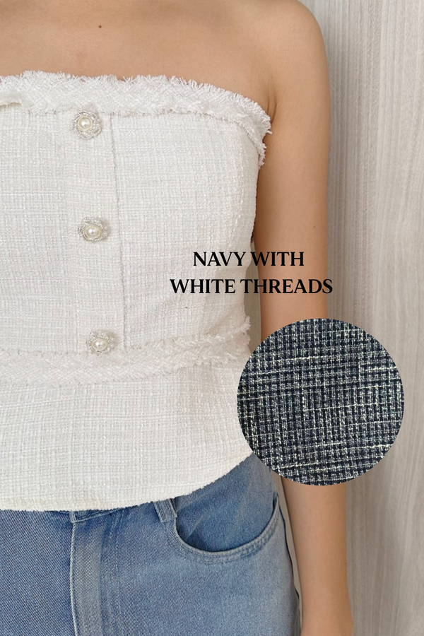 *PO: MID AUG* Gemmy Suede Tweed Peplum Top in Navy with White Threads