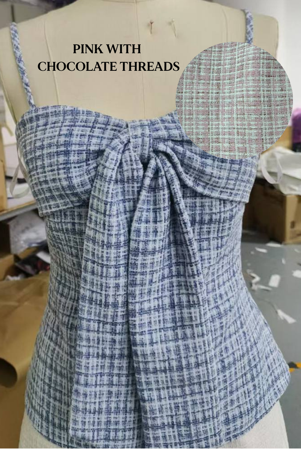 *PO: MID AUG* Maya V2 Suede Tweed Ribbon Long Top in Pink with Chocolate Threads