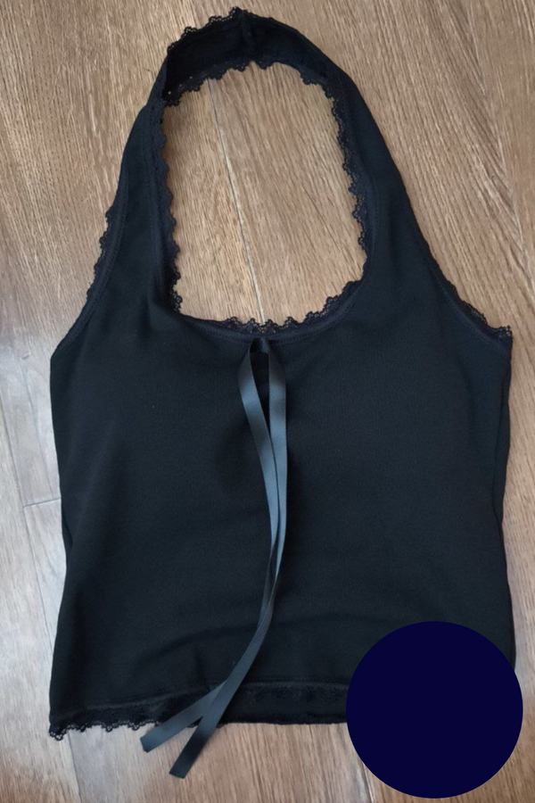 *PO: MID AUG* (BARE/BASIC) Mila Lace Trimming Halter Top in Navy