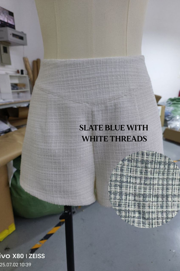 *PO: ETA MID AUG* Cataleya V Waist Suede Tweed Shorts in Slate Blue with White Threads