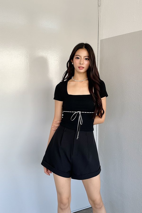 *PO: ETA MID AUG* (BARE/BASIC) Elsa V2 Lace Ribbon Sleeved Top in Black with Pink Ribbon