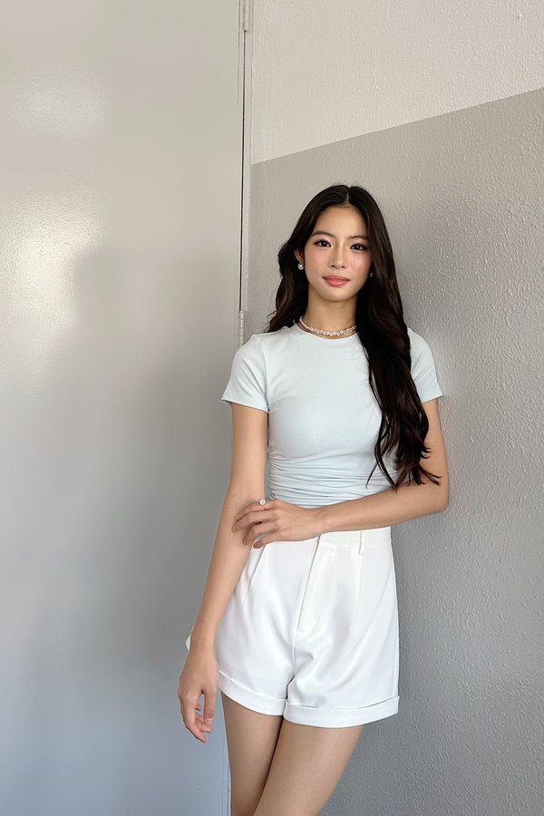 *PO: ETA MID AUG* (BARE/BASIC) Elena Side Ruched Sleeved Top in Ice Baby Blue
