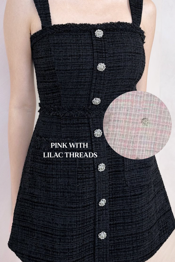 *PO: ETA MID AUG* Gemmy Suede Tweed Camellia Pearl Button Dress Romper in Pink with Lilac Threads