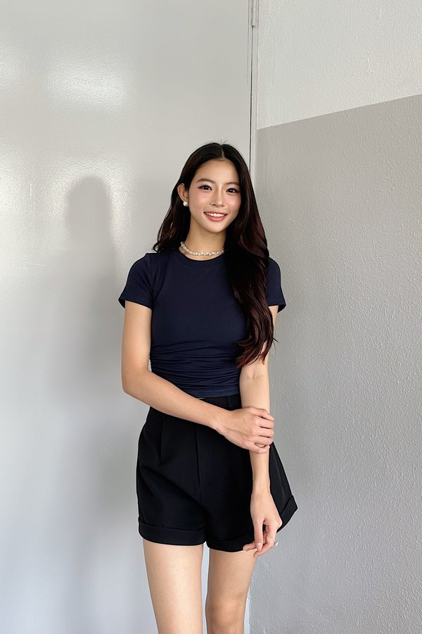 *PO: ETA MID AUG* (BARE/BASIC) Elena Side Ruched Sleeved Top in Navy