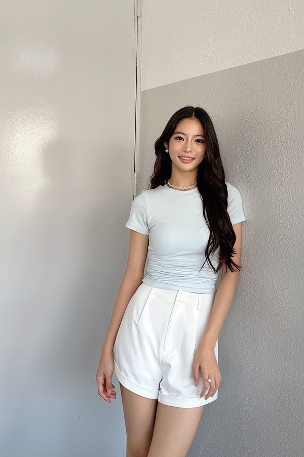 *PO: ETA MID AUG* (BARE/BASIC) Elena Side Ruched Sleeved Top in Ice Baby Blue