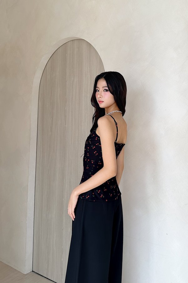 Imelda V3 Padded Mesh Side Slit Peplum Top in Black with Red Cherries