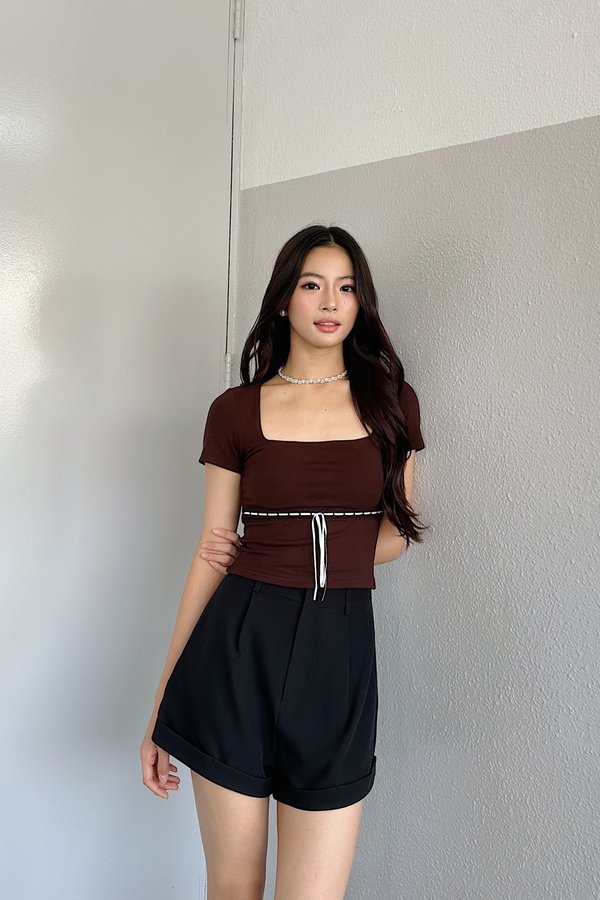 *PO: ETA MID AUG* (BARE/BASIC) Elsa V2 Lace Ribbon Sleeved Top in Chocolate with White Ribbon