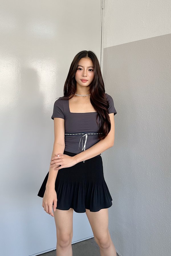 *PO: ETA MID AUG* (BARE/BASIC) Elsa V2 Lace Ribbon Sleeved Top in Dark Grey with White Ribbon