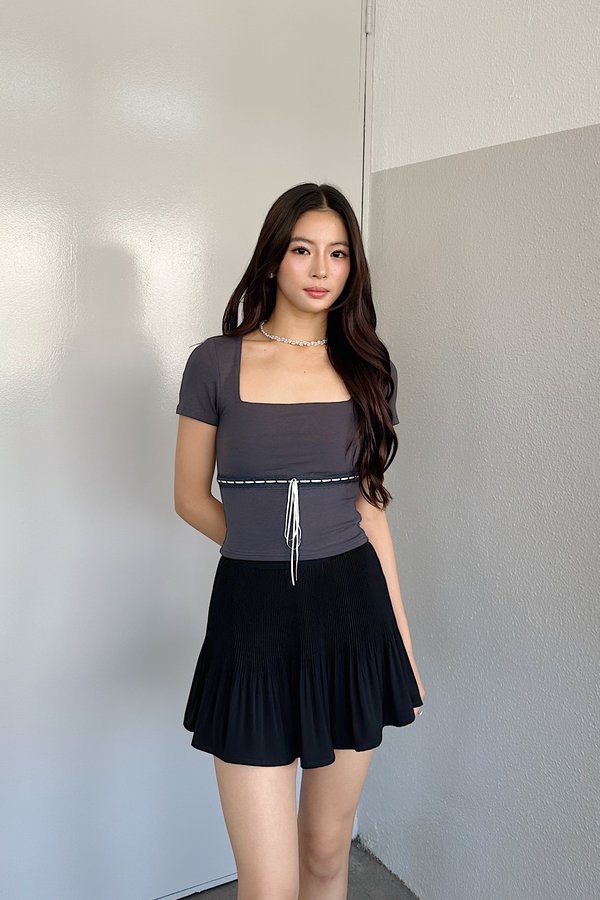 *PO: ETA MID AUG* (BARE/BASIC) Elsa V2 Lace Ribbon Sleeved Top in Dark Grey with White Ribbon