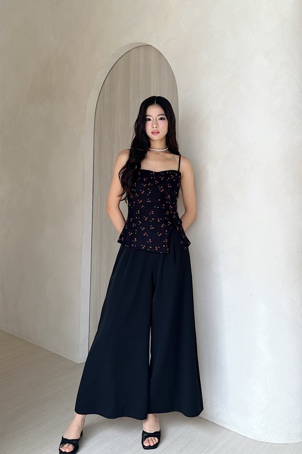 Imelda V3 Padded Mesh Side Slit Peplum Top in Black with Red Cherries