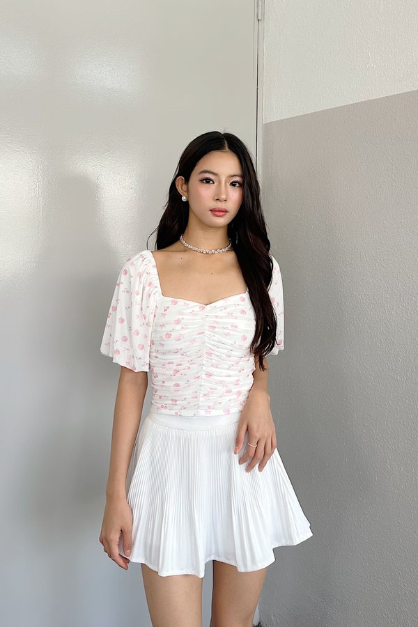 Soelle Bubble Sleeve Mesh Top in Pink Printed Berries