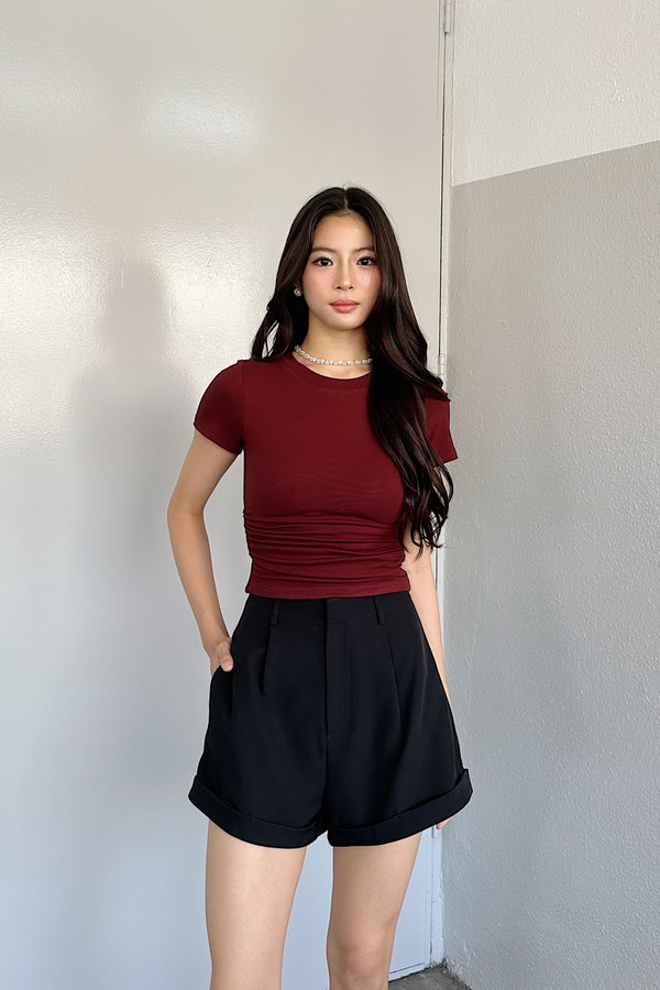 *PO: ETA MID AUG* (BARE/BASIC) Elena Side Ruched Sleeved Top in Deep Maroon