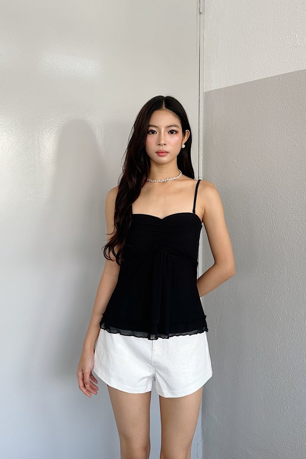 Celeste Front Ruched Mesh Top in Black