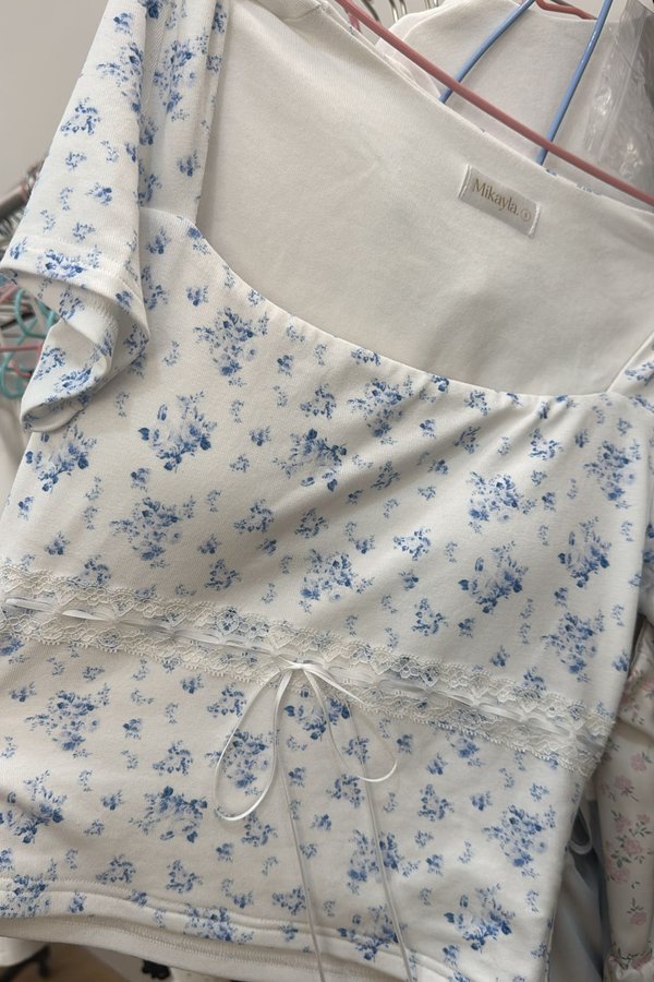 *PO: ETA MID AUG* (BARE/BASIC) (Limited Edition) Elsa V2 Lace Ribbon Sleeved Top in Blue Printed Porcelain