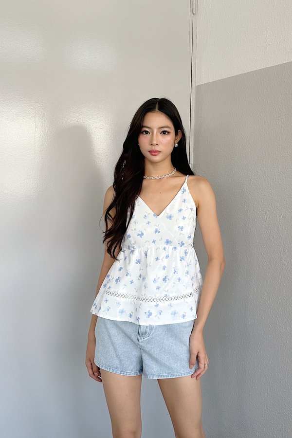 Daisie Babydoll Top in Blue Printed Floral