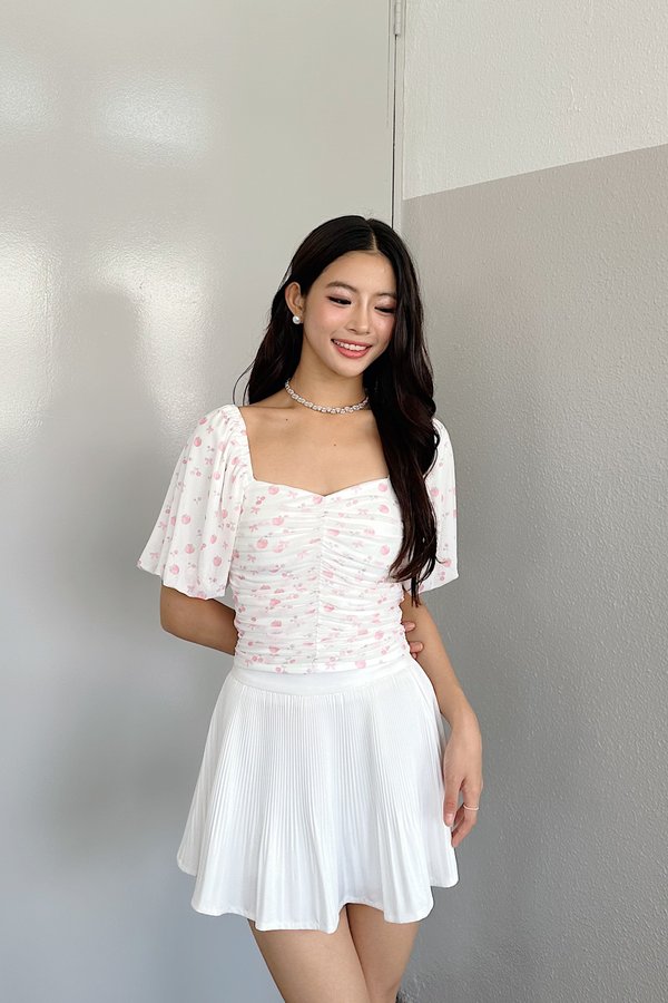 Soelle Bubble Sleeve Mesh Top in Pink Printed Berries