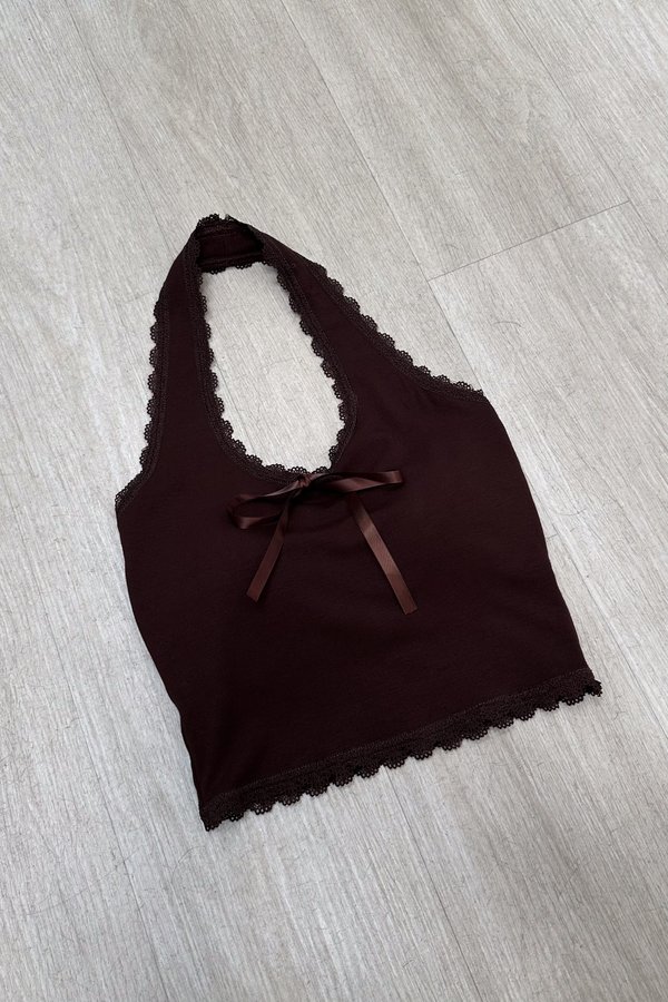*PO: ETA END JUL* (BARE/BASIC) Mila Lace Trimming Halter Top in Chocolate