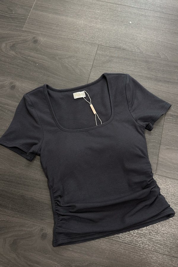 *PO: ETA MID AUG* (BARE/BASIC) Sol Square Neckline Baby Tee Top in Dark Grey