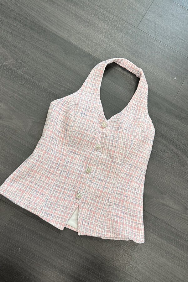 *PO: ETA MID AUG* Ava V3 Suede Tweed V-Neck Pearl Button Vest Top in Pink with Lilac Threads