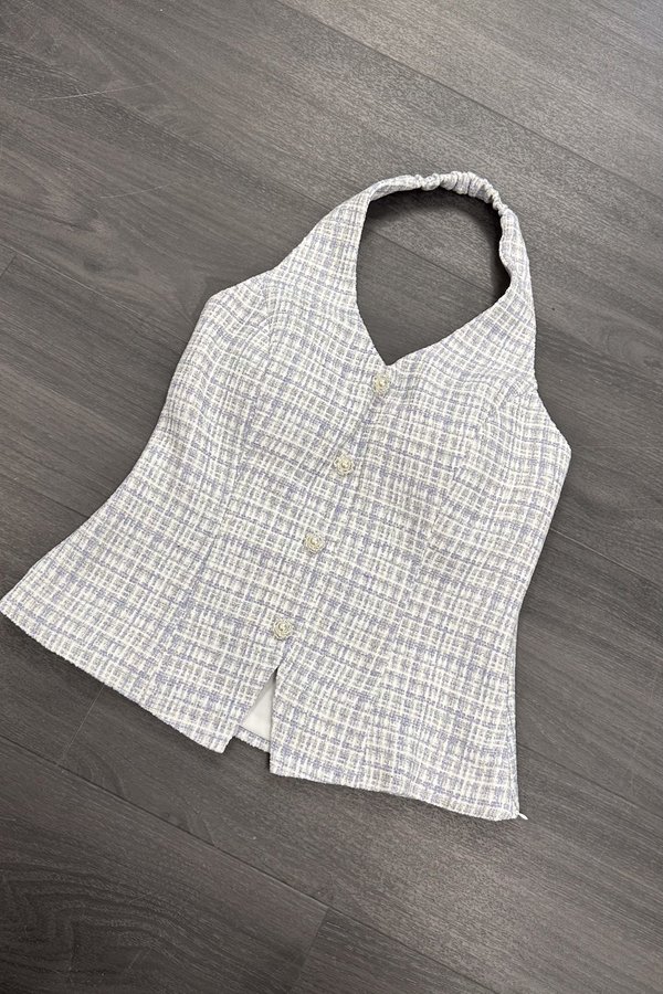 *PO: ETA MID AUG* Ava V3 Suede Tweed V-Neck Pearl Button Vest Top in Blue with White Threads