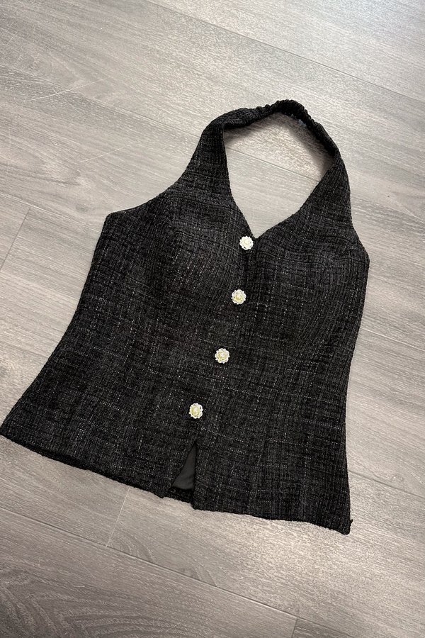*PO: ETA MID AUG* Ava V3 Suede Tweed V-Neck Pearl Button Vest Top in Black