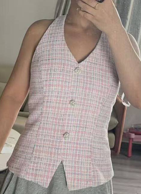 *PO: MID AUG* Ava V3 Suede Tweed V-Neck Pearl Button Vest Top in Pink with Lilac Threads