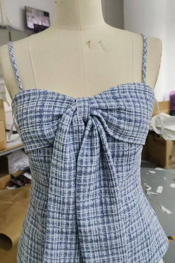 *PO: MID AUG* Maya V2 Suede Tweed Ribbon Long Top in Slate Blue with White Threads