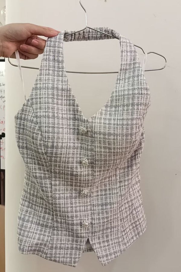 *PO: MID AUG* Ava V3 Suede Tweed V-Neck Pearl Button Vest Top in Blue with White Threads