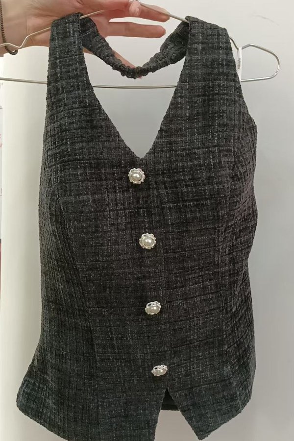 *PO: MID AUG* Ava V3 Suede Tweed V-Neck Pearl Button Vest Top in Black
