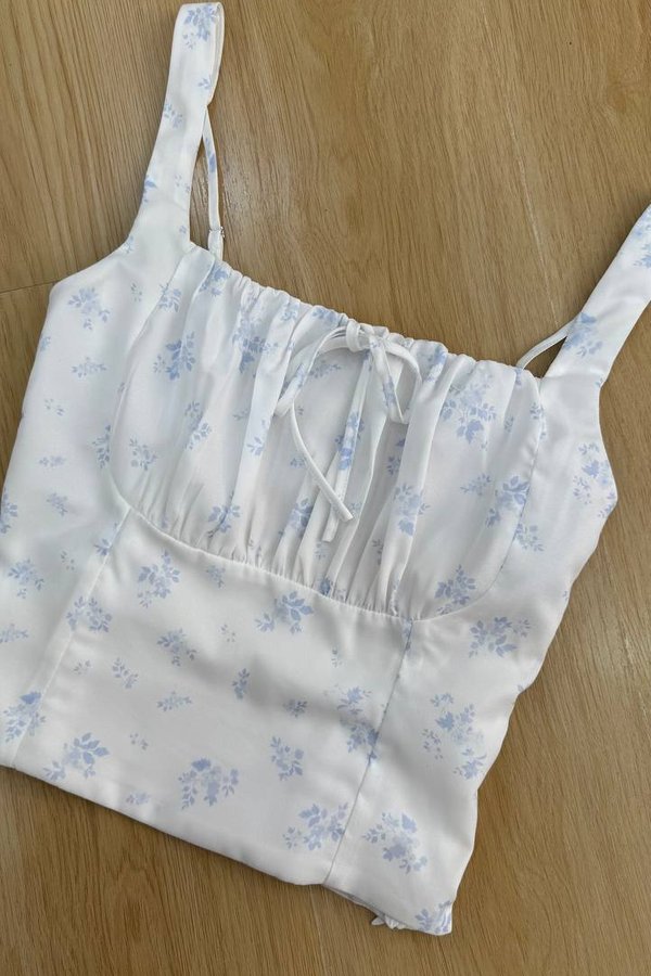 *PO: ETA MID AUG* Jolene Self Tie Ruched Top in Printed Blue Floral